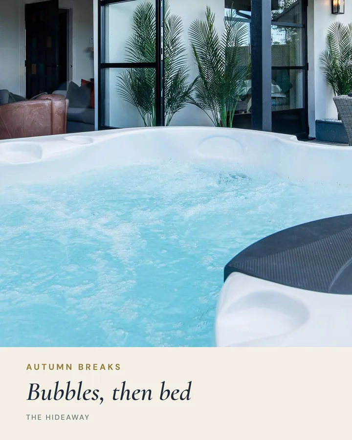 A hot tub with the headline Bubbles, then bed